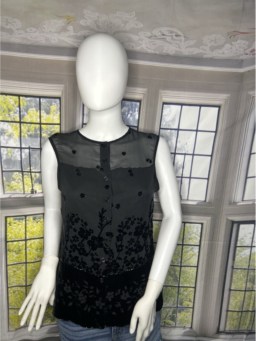 Women’s Black Sheer Floral Embroidered Sleeveless Button Front Blouse Top